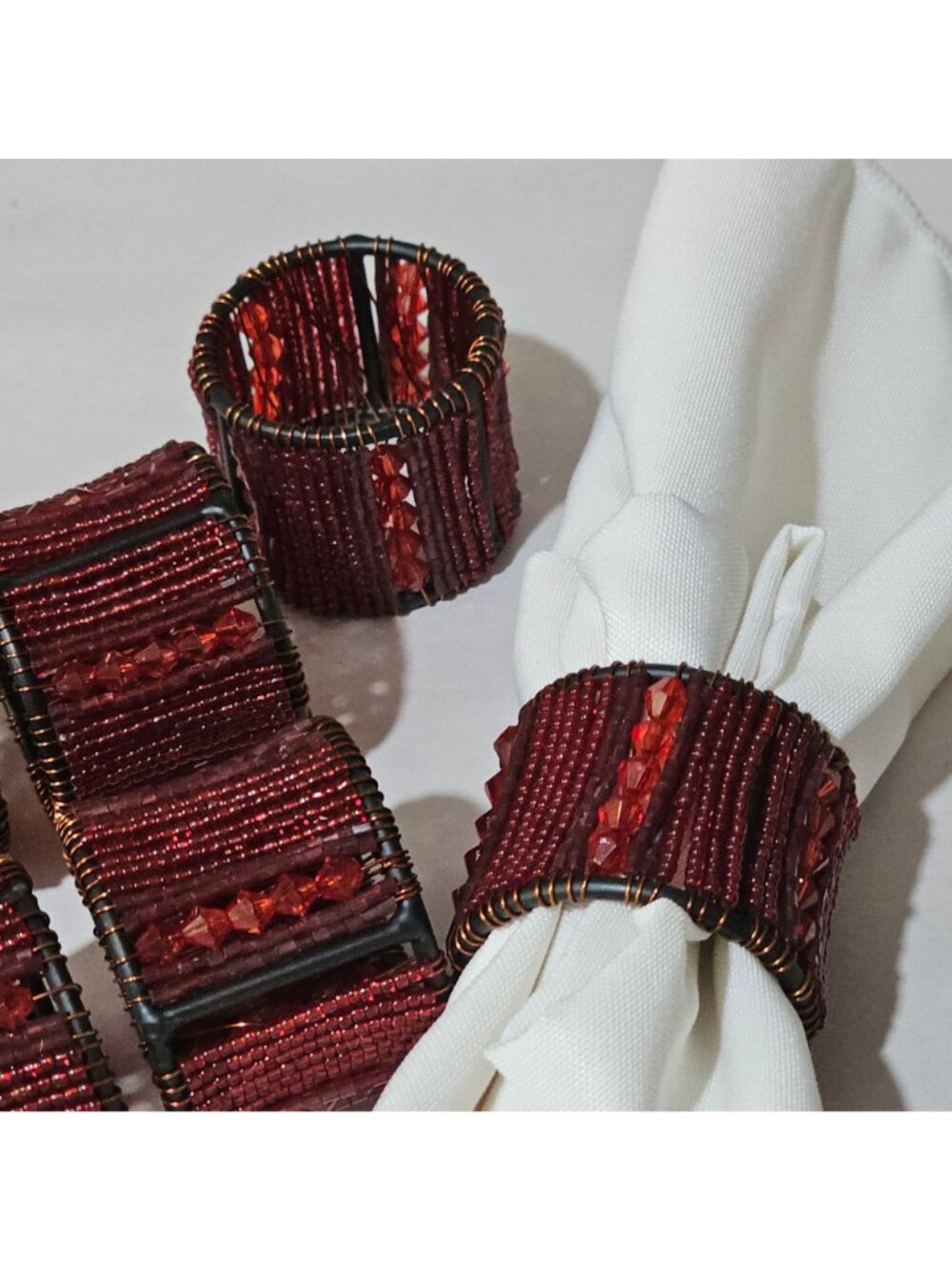 Pier 1 Beaded Wire Napkin Rings 2" set- 6 red beads copper wire vintage decor - Picture 3 of 8